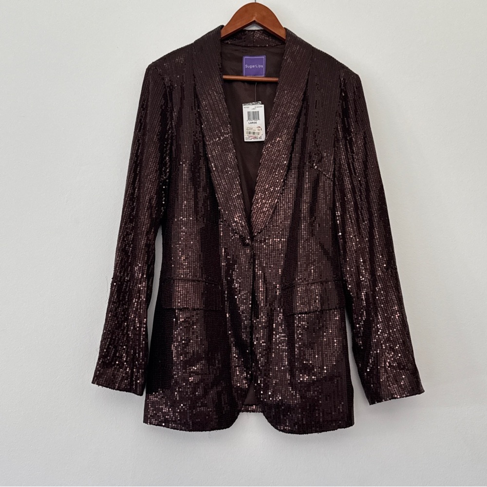 NWT SugarLips Chocolate Brown Sequin Blazer Large Glam Sparkle Jacket